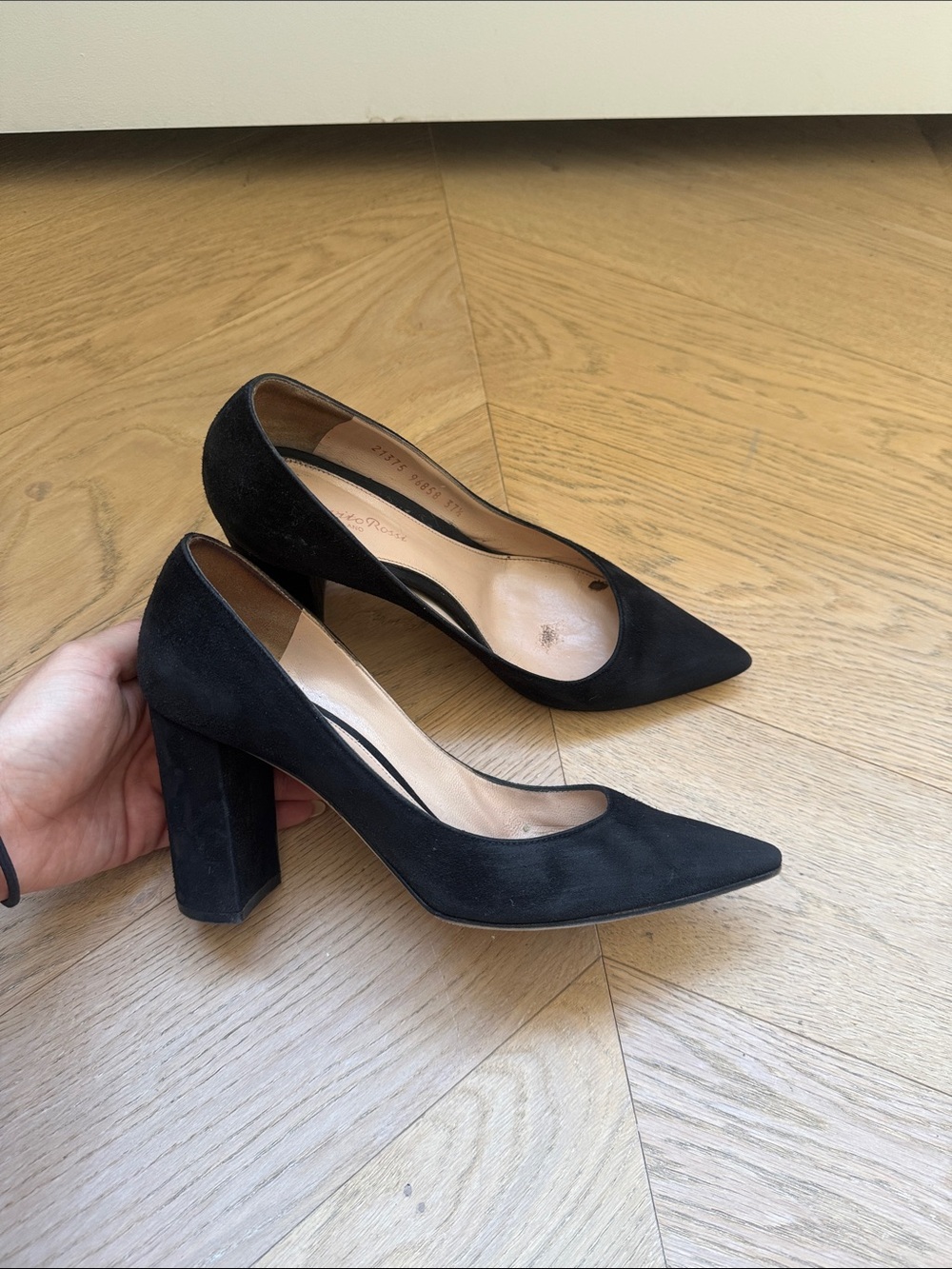 Gianvito Rossi Black Suede Pointed Toe Block Heel Pumps